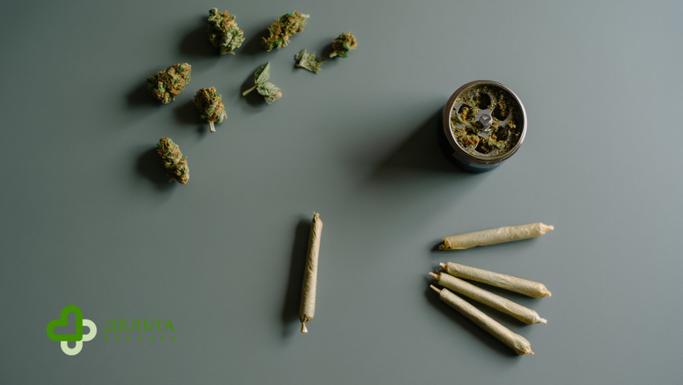 джойнт на фоне марихуаны и гриндера